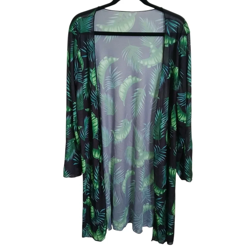 3-Piece High Waisted Bikini Set with Tropical Palm Leaf Kimono Cover Up Large